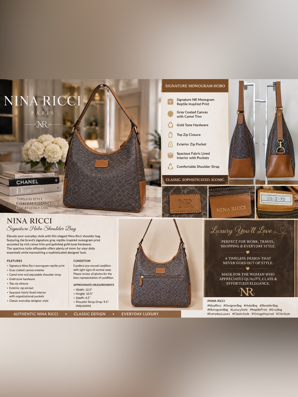 Nina Ricci Signature Monogram Hobo Shoulder Bag Gray Camel | MSRP $295